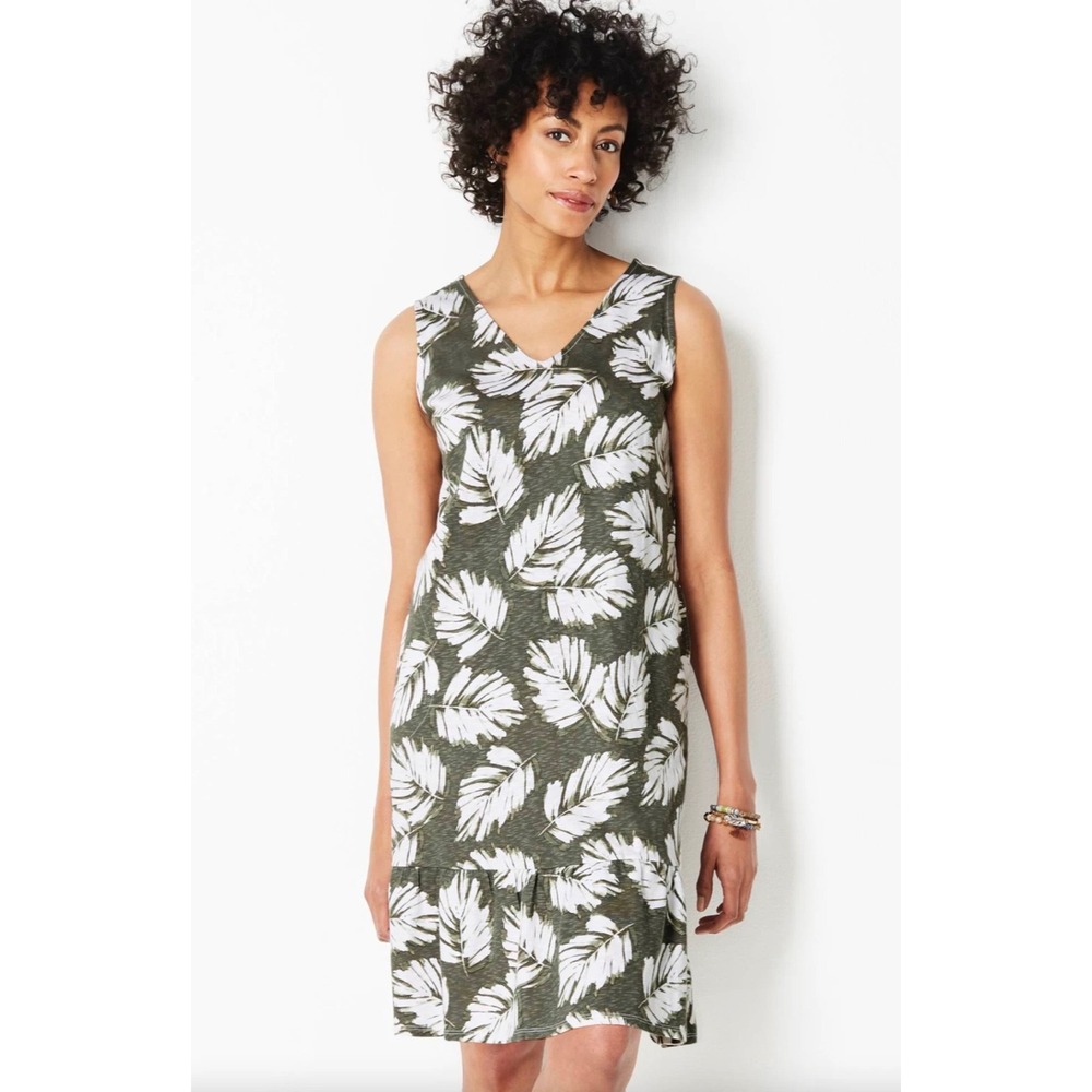 J Jill‎ Flounced Hem Double V-Neck Knit Dress XS Olive Palm Leaf Stretch Coastal